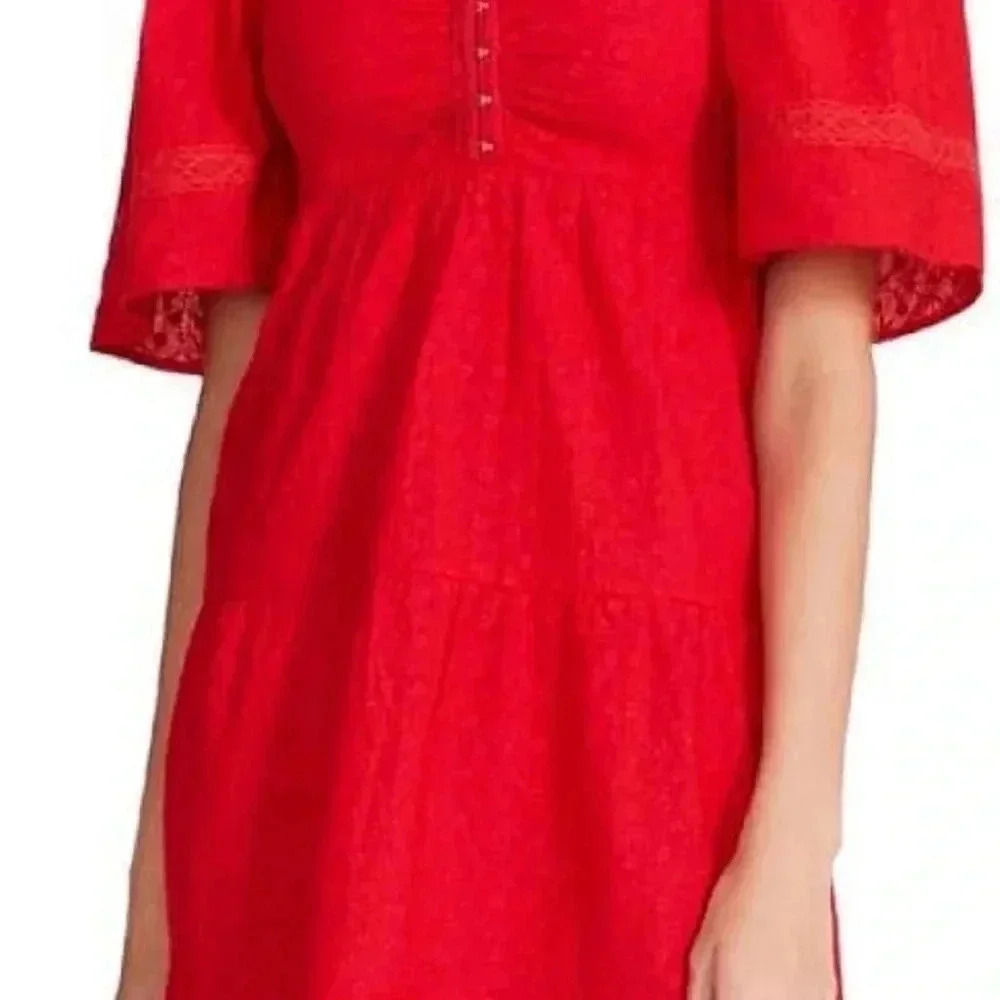 Betsey Johnson Hook Front Embroidered  Cotton Tiered Mini Dress - Picture 3 of 10